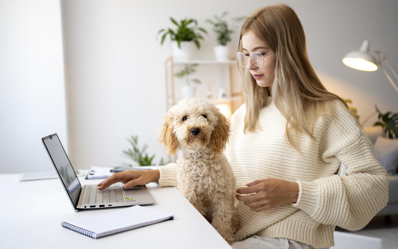 Handler working at a desk with an attentive dog beside her