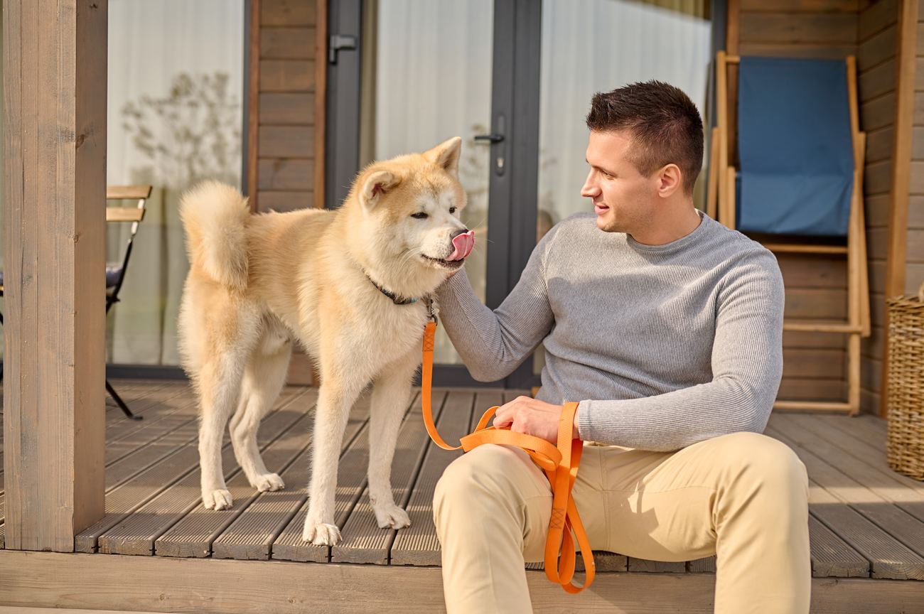 Owner sitting on his porch calmly connecting with his attentive service dog